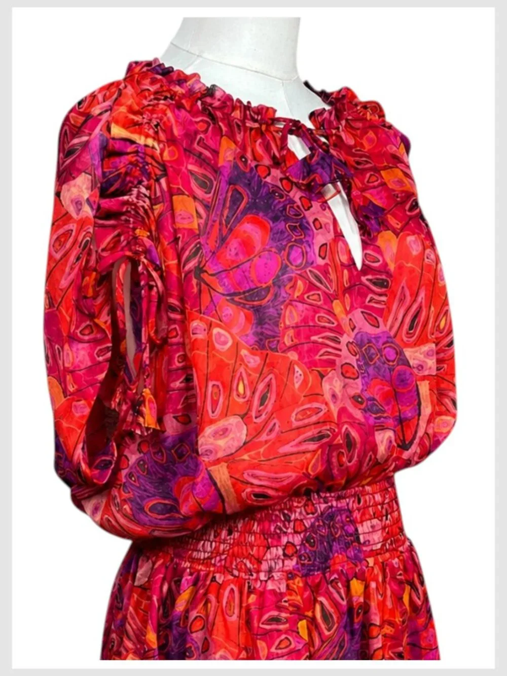MISA Los Angeles Dominique Mini Dress Red Pink Smocked Ruffle XL